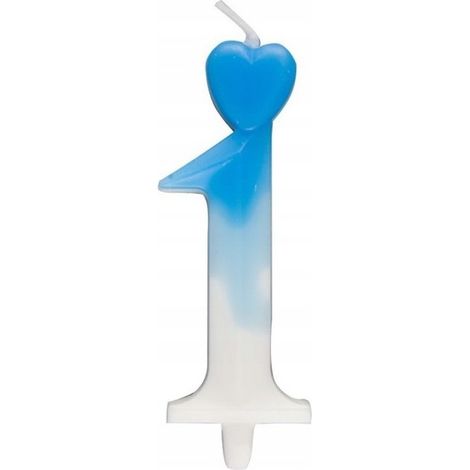 Candela numero 1 a forma di cuore, blu e bianca, 6,5 cm