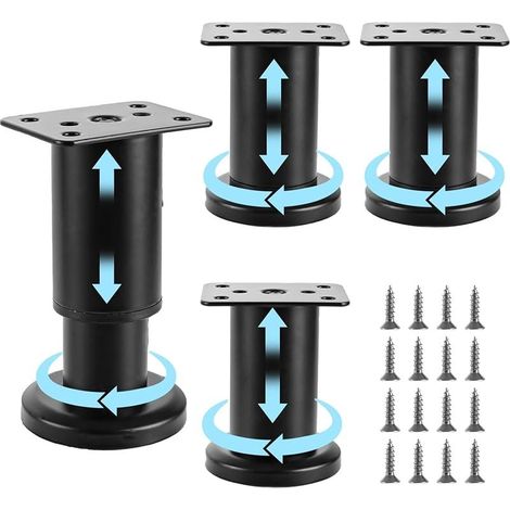 Lot de 4 Pied Meuble Salle de Bain Noir Pied Reglable 8-12cm en Acier Laminé à Froid Pieds de Meuble Reglable Pied de Lit avec Vis pour Armoire Canapé Lit Buffet (1/5)