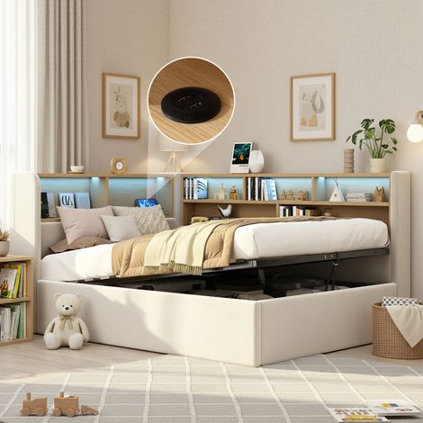 Daybed imbottito 90x200 cm con contenitore idraulico, LED, USB e schienale in velluto beige OKWISH (1/5)