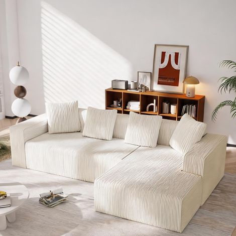 Canapé modulaire d'angle en velours côtelé blanc avec méridienne (1/5)