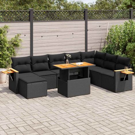 Salon de jardin 9 pièces avec coussins, résine tressée noire et bois d’acacia, 82.6kg - PANGIVO (1/5)