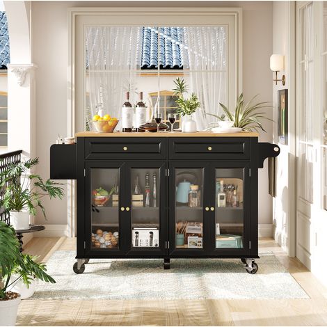 Chariot de cuisine 140/44,5/90 cm noir avec roulettes et portes vitrées, plateau extensible et grand rangement (1/5)