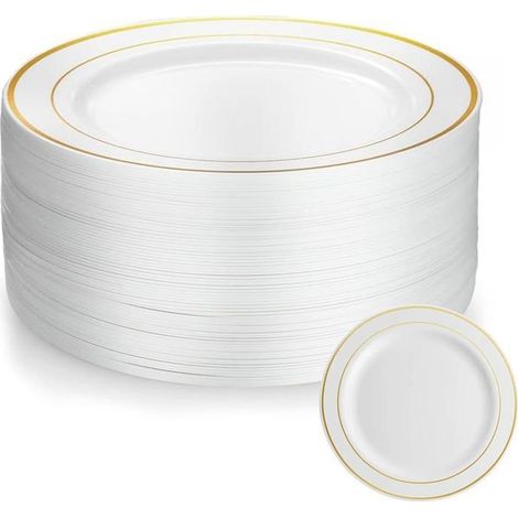 50 Pièces Assiette 20cm Assiette Plastique Reutilisable Avec Bordure Dorée Assiettes en Plastique Blanc Assiettes pour Mariages (1/5)
