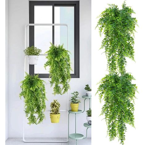 Lot de 2 fougères artificielles suspendues en plastique vert, fausses plantes à suspendre au mur pour la décoration de jardin et de mariage (1/5)