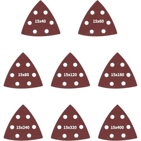 Papier abrasif triangulaire 120 pièces, 6 trous, 93x93x93 mm, 15 de chaque grain 40/60/80/120/180/240/320/400, pour ponçage et polissage (1/4)