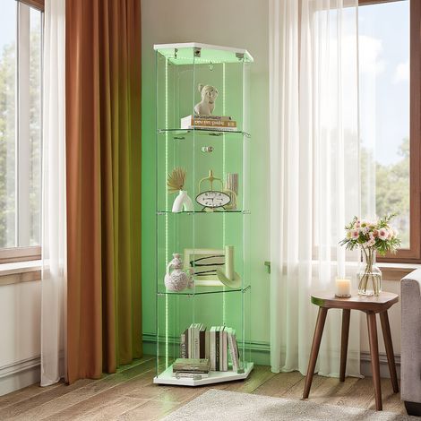 Vitrine d'angle en Verre avec éclairage LED, Vitrines à cinq coins avec 1 Porte 4 étagères Verre, Meuble Vitrines, pour chambre, salon et salle à manger, 60 x 40 x 162 cm, Blanc (1/5)
