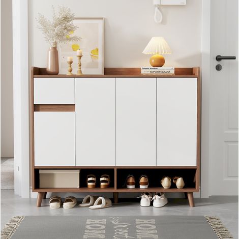 Credenza moderna 120x35x99 cm bianco e naturale in truciolare con ripiano regolabile, cassetto e sistema antiribaltamento (1/5)