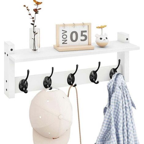 Mensola a muro con ganci, appendiabiti da parete con pioli, appendiabiti sospeso per ingresso, mensola in legno e ferro per bagno, corridoio, camera da letto, bianca (1/4)