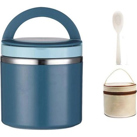 Boîte à lunch isotherme en acier inoxydable avec couvercle - Étanche, hermétique et compacte - Comprend un sac isotherme et une cuillère - Bleue (1/5)