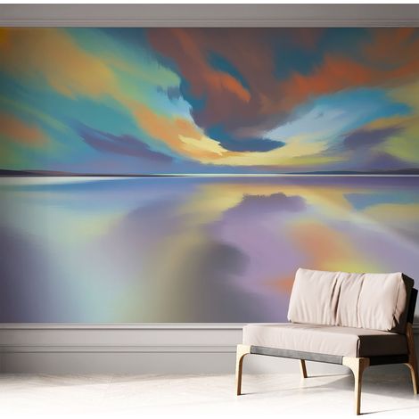 Papier peint autocollant Mural avec colle pour salon et chambre Décoration murale rapide Coucher de soleil arc-en-ciel 312x219 cm (1/5)