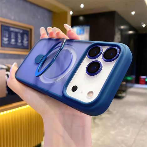(Bleu foncé, iPhone 14 Plus) Étui de téléphone à chargement sans fil magnétique avec support anneau et protection pour l'appareil photo.