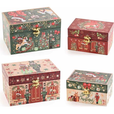 Boîtes de Noël en bois doublé avec fermeture à crochet, lot de 2, grande : 20 x 14 x H. 12 cm