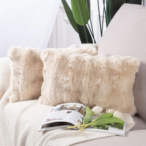Set of 2 Soft Plush Short Wool Fleece Decorative Luxury Style Cushion Covers for Sofa Bedroom Light Beige 30 x 50 cm