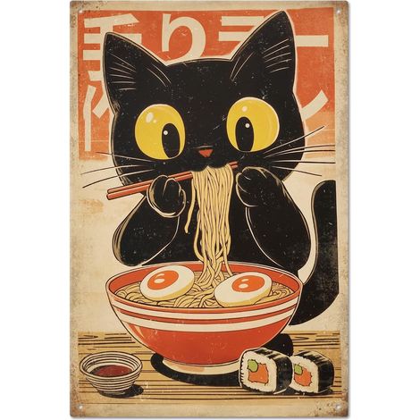 Plaque en Métal avec Chat Ramen Japonais Vintage 12x8 pouces Décoration Murale Amusante pour Maison Ferme Bar Café Club (1/5)