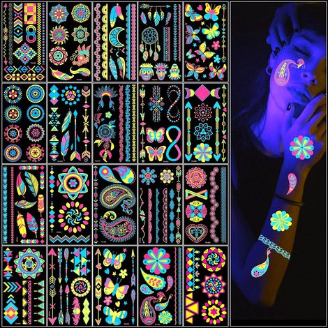 Set de 20 tatuajes temporales neón - Más de 200 diseños - Brillan en la oscuridad - Tatuajes falsos resistentes al agua - Accesorios para fiestas para mujeres y niñas