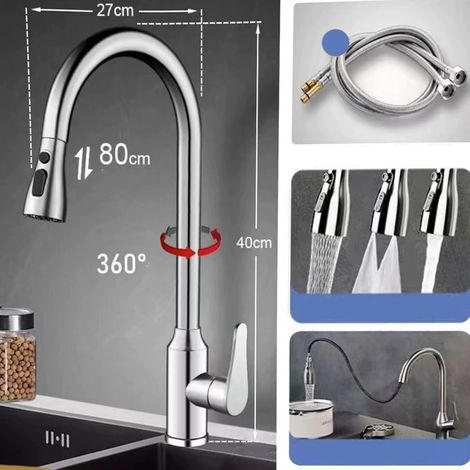 Robinet Cuisine, Mitigeur Cuisine, Pivotant à 360° d'Évier à Arc Élevé Pulvérisateur Escamotable 3 Modes, Acier Inoxydable (1/5)