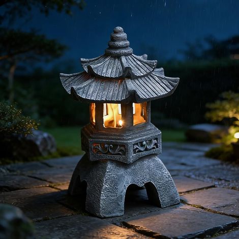 1 Lanterne japonaise, résine, éclairage LED solaire, style pagode, gris, pour jardin, terrasse, extérieur