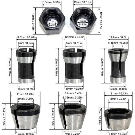 Mandrin De Serrage - Acier Haute Précision - Pour Défonceuse - 6 mm 6 35 mm 8 mm - Lot De 6 Pièces (1/5)
