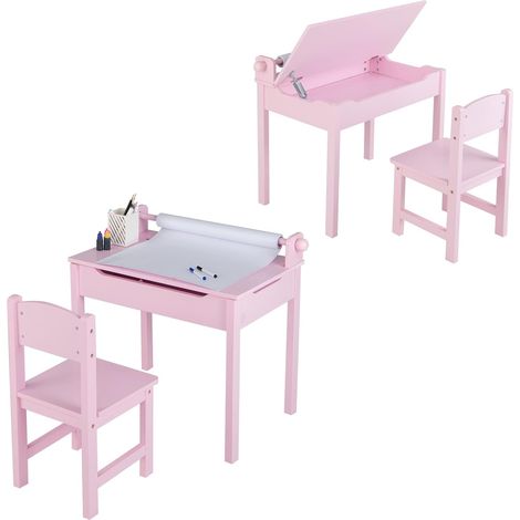 Costway – Table enfant en pin avec tabouret – Dimensions 60 x 40 x 58 cm – Espace de rangement intérieur – Porte-rouleau de papier amovible – Pour 3 ans et plus