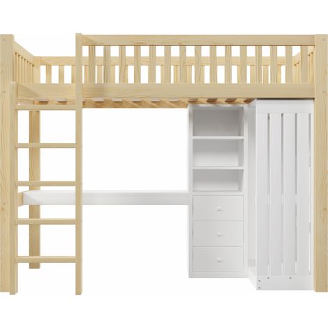 Cama alta 90 x 200 cm con escritorio, armario, 3 cajones y escalera, pino y MDF, natural (1/5)