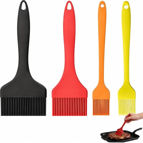Set de 4 Pinceaux de Cuisine en Silicone, Pinceau Pâtisserie Silicone Large 9,1/7/3,2 cm avec Manche 21 cm, Résistant à la Chaleur 232°C, Pinceau de Cuisine pour Barbecue, Pâtisserie, Cuisson (1/5)