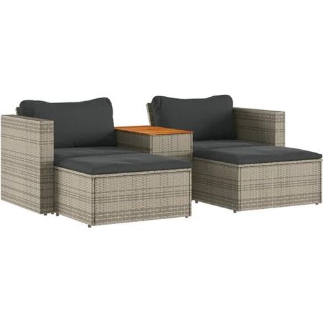 Ensemble de mobilier de jardin cinq pièces, avec coussins gris, tressé en rotin d'acacia. (1/5)