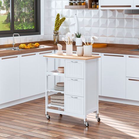 Carro de Cocina con 3 Cajones, 2 Estantes, Bandeja Extraíble y Ruedas, 67×37×84 cm, MDF, Blanco (1/4)