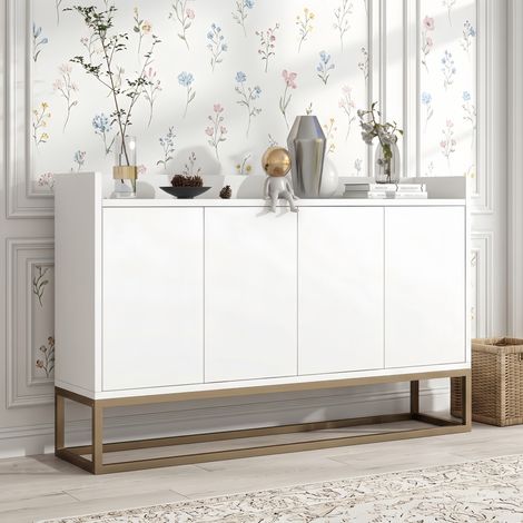 Buffet Bois avce 4 Portes Sans Poignée - Meuble de Rangement, Cadre Métal - Buffet Scandinave - Blanc, 120x30x80 cm
