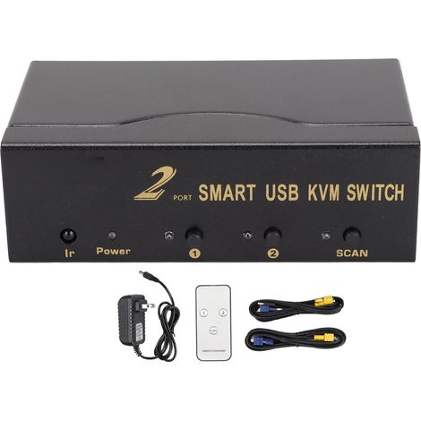 Commutateur VGA KVM 2 entrées 1 sortie, 4 ports USB, partage écran/souris/clavier multi-ordinateur, alimentation 100-240V prise US. (1/5)