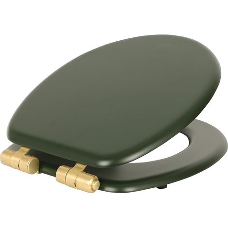 Lunettes de WC ovales en bois – Vert et or – Fermeture amortie – Antibactérien – Charnières universelles en chrome – Fixations incluses – 43 x 36,5 x 2 cm (1/5)