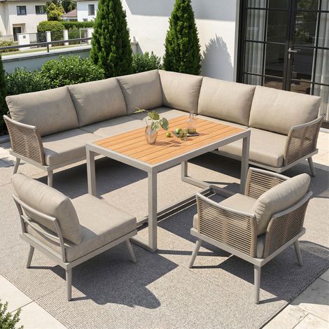 Salon de jardin modulable 181/65/79 cm beige en fer avec table basse en WPC et coussins épais (1/5)