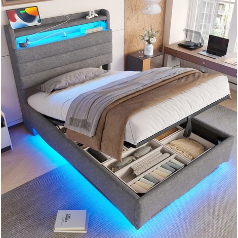 REDOM - Lit coffre 90x200 cm avec éclairage LED et ports USB et Type C, lin gris (Sans matelas) (1/5)