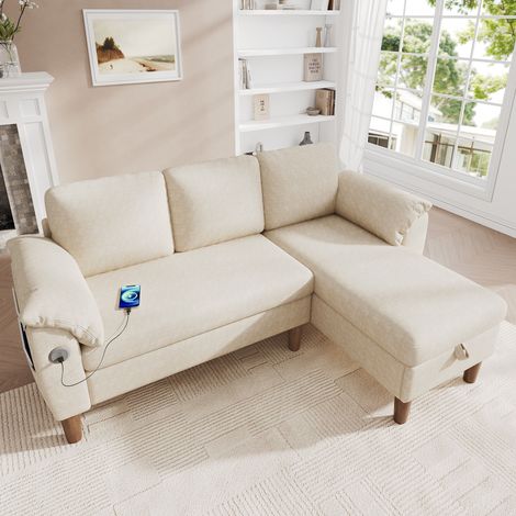 Wendbares 3-Sitzer Ecksofa, L-Form Sofa mit Stauraum und USB Typ-C Anschluss, Chenille-Stoff mit Kissen und Seitentaschen 181 cm, Beige (1/5)