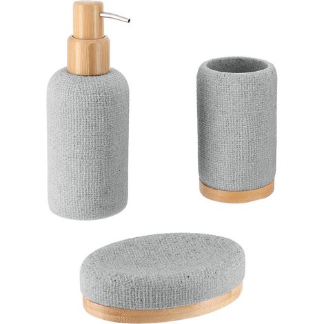 Becherset seifenspender und seifenschale aus polyresin mit netz- und bambuseffekt - grau - Tendance (1/2)