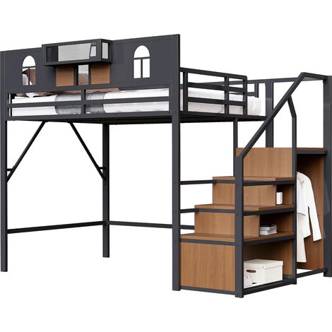 Lit mezzanine métallique 140x200 cm, échelle avec rangement, fenêtre, panneaux bois et toile – Garde-corps surélevé, tablette de chevet, cadre stable – Noir