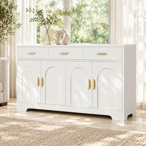 MODFU – Credenza 140x40x83 cm in MDF con 4 ante ad arco, 3 cassetti, ripiani regolabili, portata 50 kg e cerniere ammortizzate – Bianco (1/5)