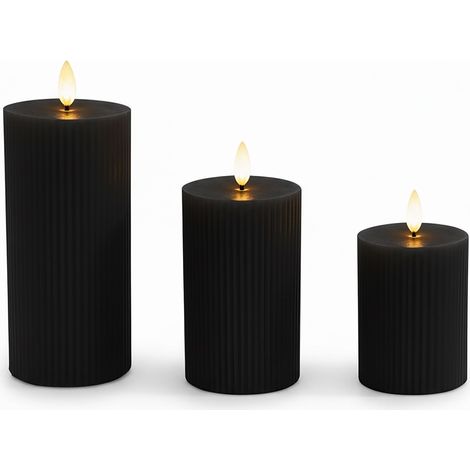 Relaxdays LED candles, 3-piece set, 3 sizes, flickering flame, real wax, ribbed, flameless, black