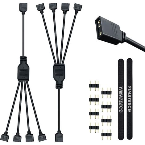 Câble répartiteur ARGB, 5 V 3 broches adressable RGB 1 à 4 Y, rallonge de hub, pour refroidisseur de processeur et ventilateur ARGB 5 V (11,8 pouces, lot de 2, 1 à 4) (1/5)