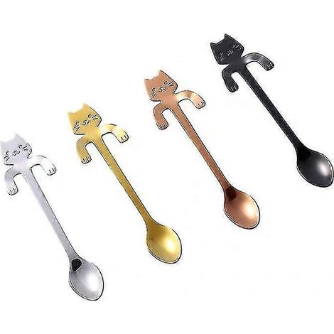 Ustensiles et gadgets de cuisine - Ensemble de 4 cuillères en acier inoxydable style chat de dessin animé pour mélanger les couleurs, longueur : 11,3 cm - Gadget de cuisine multifonction (1/5)
