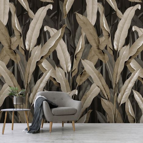 Papier peint panoramique Banana Leaves 400 x 280cm Marron, beige, anthracite (1/5)