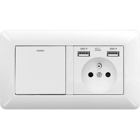 Prise Murale Française Type E 16A avec Double USB + Interrupteur Va-et-Vient, Type 146 Encastrée, Plaque en Verre Blanc, 220-250V