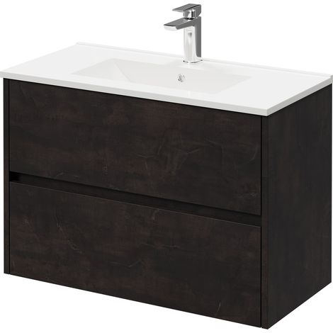Montego Metallic Slate 800mm Wall Mounted Vanity Unit with 1 Tap Hole Minimalist Basin and 2 Drawers (1/5)