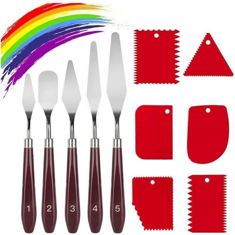 11-teiliges Malmesserset, 5 Palettenmesser + 6 Kunststoffschaber, Malmesser aus Edelstahl, Palettenmesser, Zubehör zum Mischen von Ölfarben