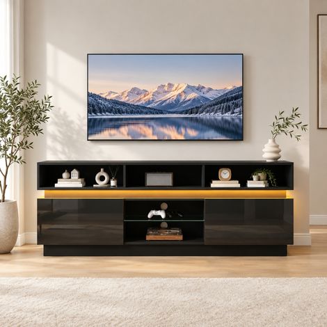 Meuble vasque suspendu double 192x50x52,6 cm verre noir décor chêne brun rangement - CHICFURN (1/4)