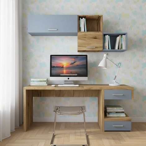 Angolo studio moderno con cassettiera sfalsata per cameretta - Quercia e Avio