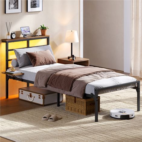 Homevive Estructura de Cama de 90 × 200 cm con Cabecero LED y Estación de Carga, Base de Cama Metálica con Estante de Almacenamiento, Negro (1/5)