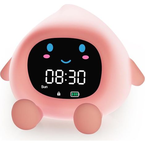 Reveil Enfant, Reveil Enfant Educatif, Réveil d'apprentissage Au Sommeil, avec Affichage de La Lune et du Soleil, avec Veilleuse RGB Couleurs, pour 2-10 Ans Fille Garçon-Pêche