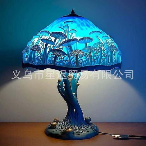 Tischleuchte aus Buntglas mit Pflanzenmotiv (versandkostenfrei) – Blaue Pilzlampe