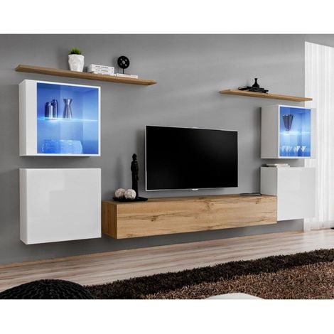Meuble TV Mural Design "Switch XIV" 320cm Blanc & Naturel (1/4)