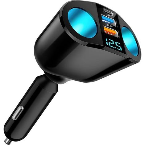 Cargador de coche con doble puerto USB QC3.0 y PD de 12 V/24 V y carga rápida de 120 W. Ideal para usar en el coche. Cargador con voltímetro LED (1/5)